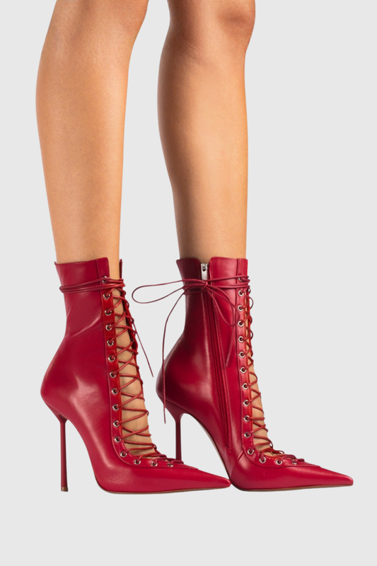 Mia Lace Up Leather Ankle Boots - Red