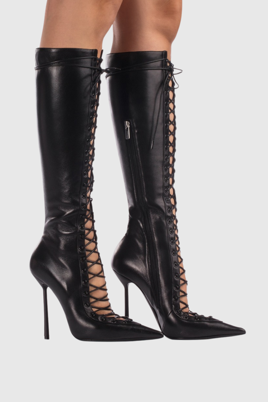 Mia Lace Up Leather Boots - Black