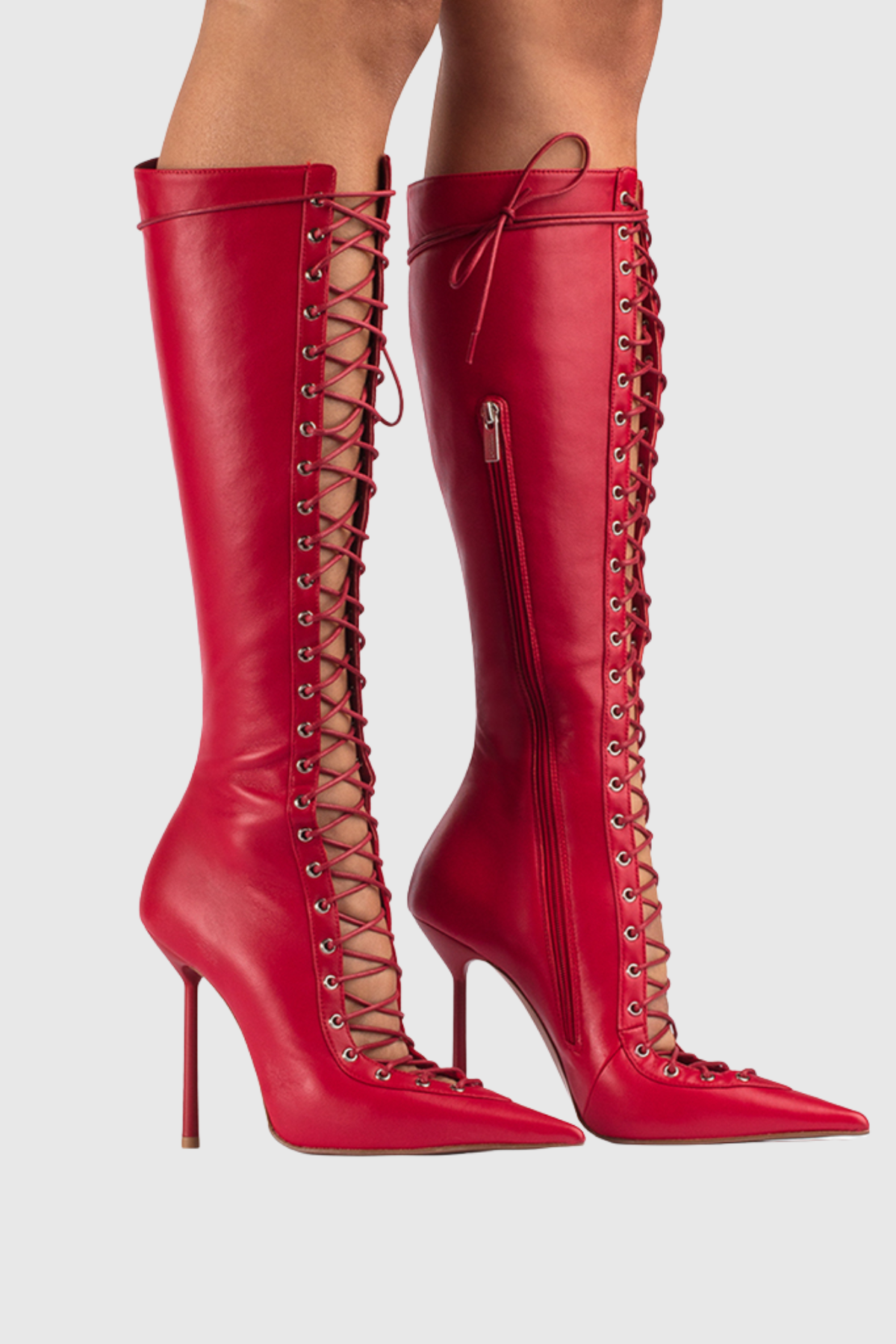Mia Lace Up Leather Boots - Red