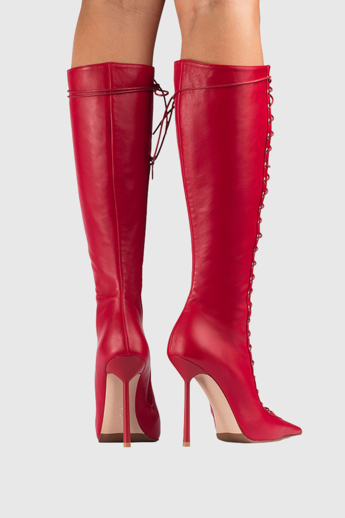 Mia Lace Up Leather Boots - Red