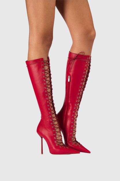 Mia Lace Up Leather Boots - Red