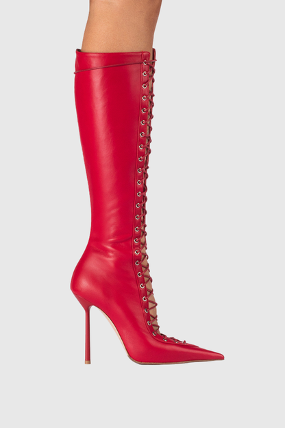 Mia Lace Up Leather Boots - Red