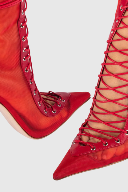 Mia Lace Up Mesh Ankle Boots - Red