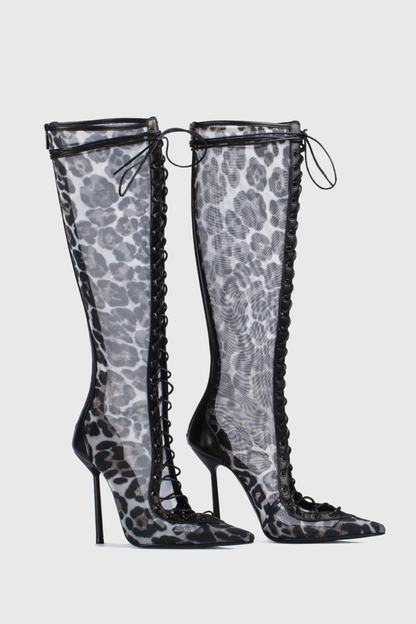 Mia Lace Up Mesh Knee High Boots - Leopard