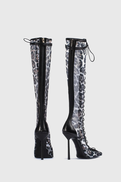 Mia Lace Up Mesh Knee High Boots - Leopard