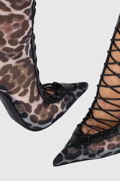 Mia Lace Up Mesh Knee High Boots - Leopard