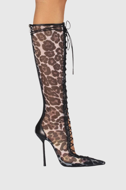 Mia Lace Up Mesh Knee High Boots - Leopard
