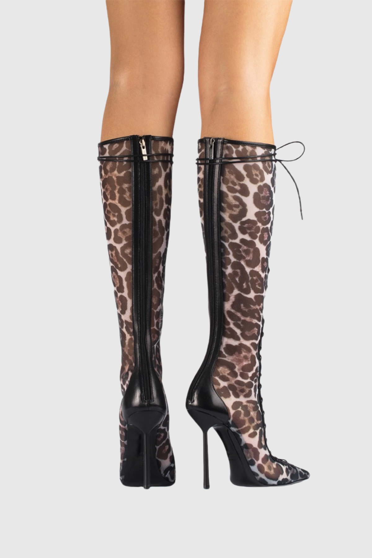 Mia Lace Up Mesh Knee High Boots - Leopard