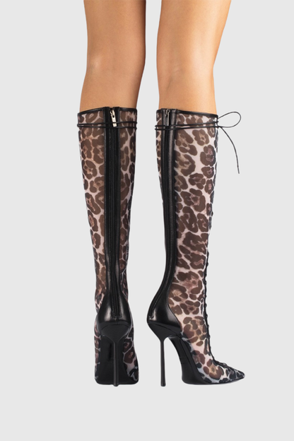 Mia Lace Up Mesh Knee High Boots - Leopard