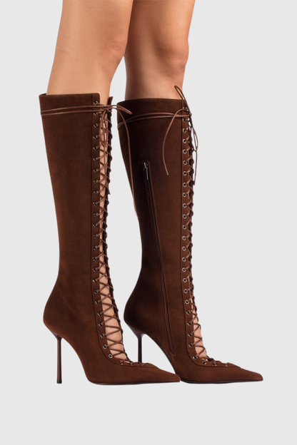Mia Lace Up Suede Knee High Boots - Brown