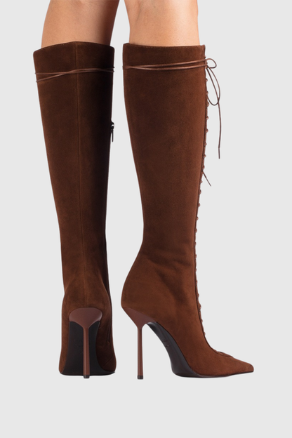 Mia Lace Up Suede Knee High Boots - Brown