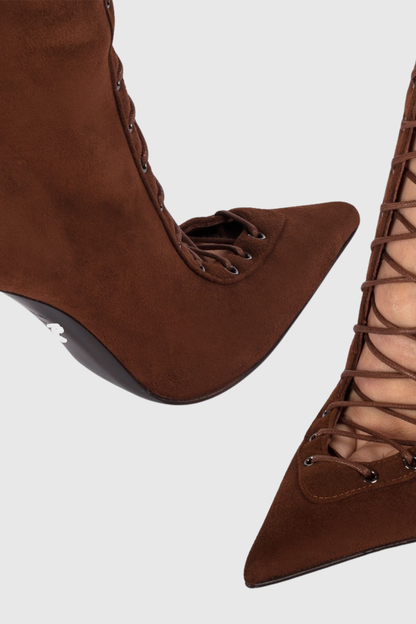 Mia Lace Up Suede Knee High Boots - Brown