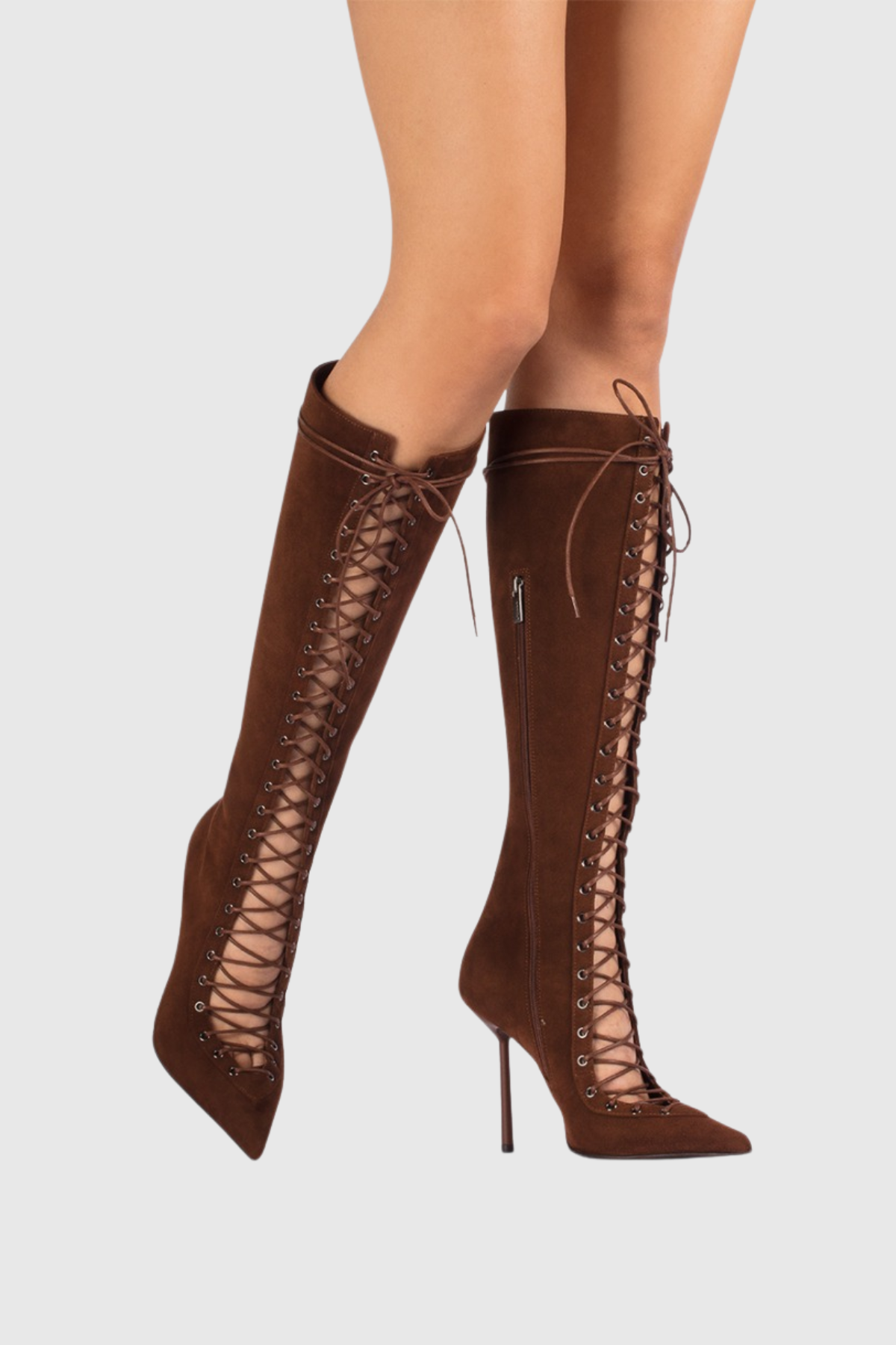 Mia Lace Up Suede Knee High Boots - Brown