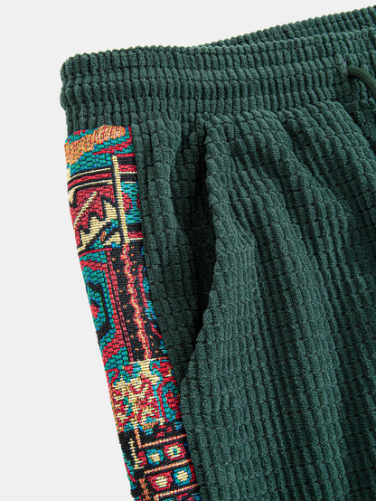 Ethnic Geometric Jacquard Patchwork Corduroy Pants