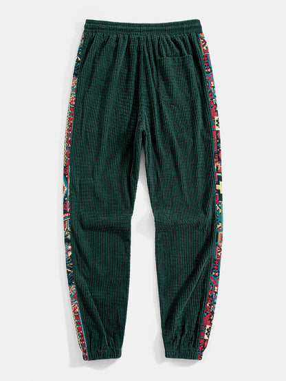 Ethnic Geometric Jacquard Patchwork Corduroy Pants