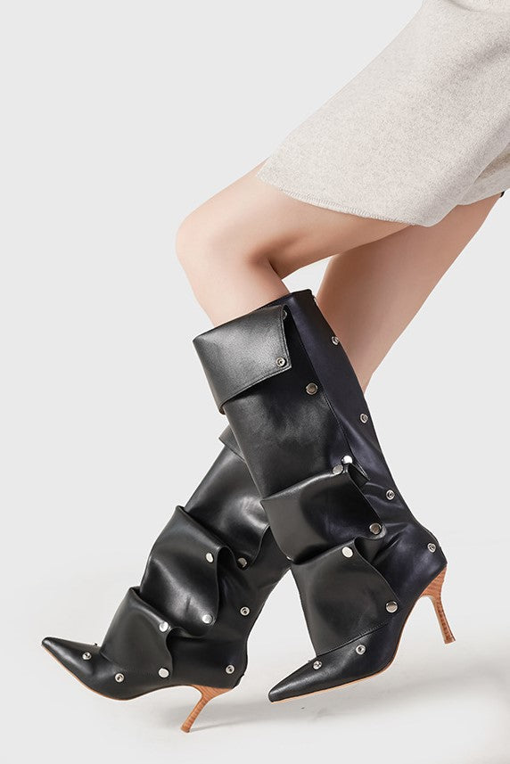 Emily Appliqué Ruched  Knee-high boots - Black
