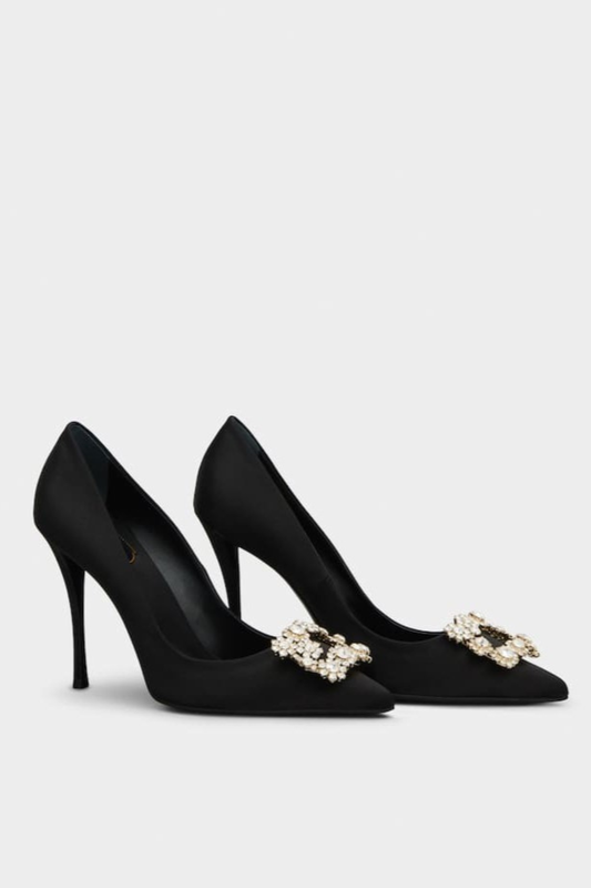 Eleanor Rhinestone Buckle Satin Pumps - Black