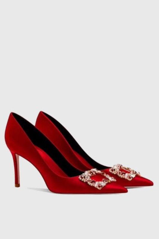 Amelia Rhinestone Buckle Satin Pumps - Red