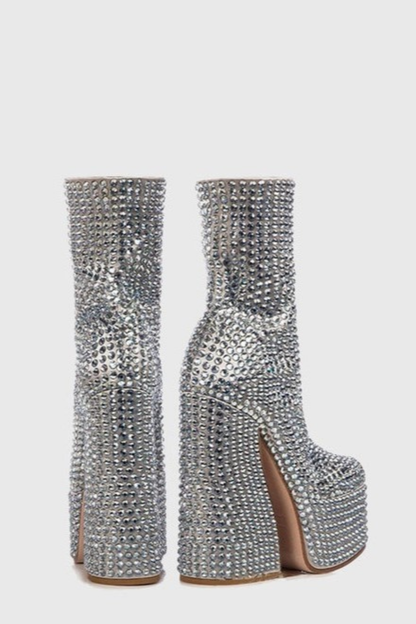 Evie Crystal Embellished Platform Boots - Silver
