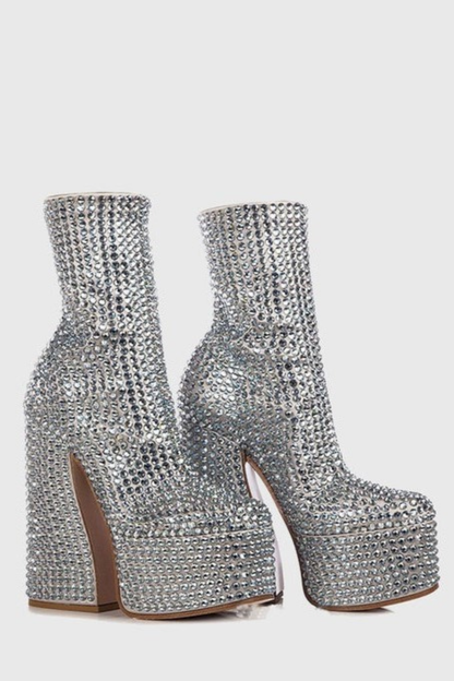 Evie Crystal Embellished Platform Boots - Silver