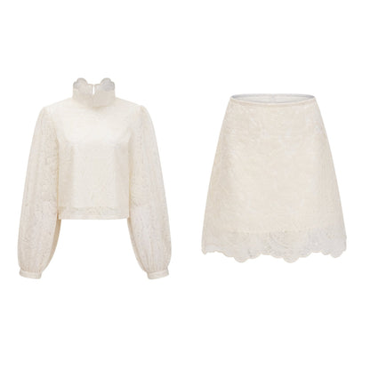 Eulalie Cream White Lace Blouse & Skirt Set