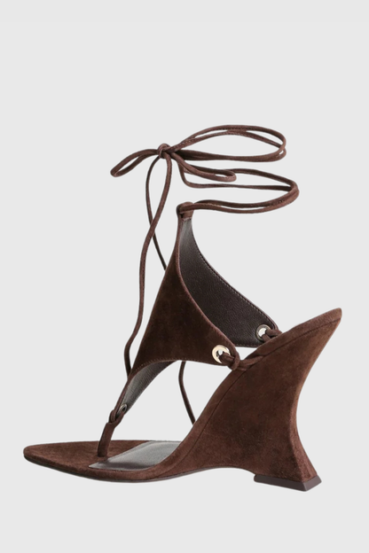 Olivia Lace Up Wedge Sandals - Brown