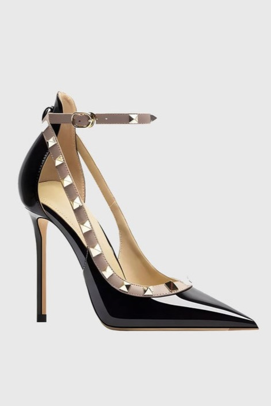 Amelia Rivet Embellished Strap Cutout Pumps  - Black