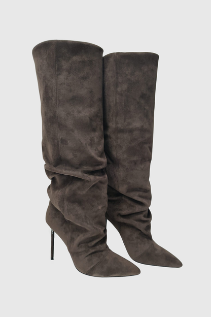 Ivy Suede Ruched Knee High Boots - Brown