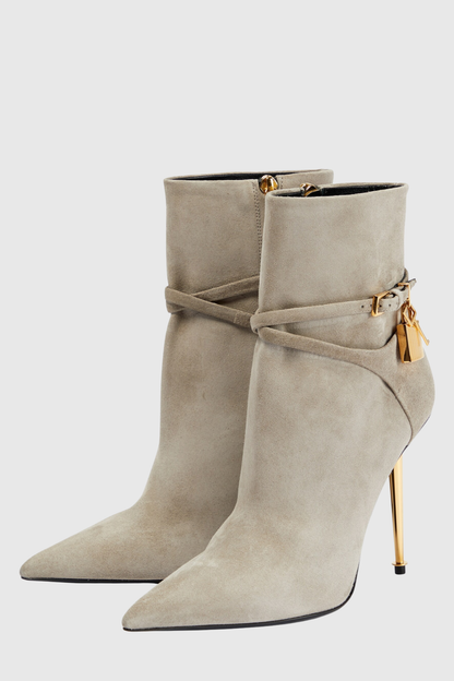 Millie Suede Padlock Ankle Boots - Beige