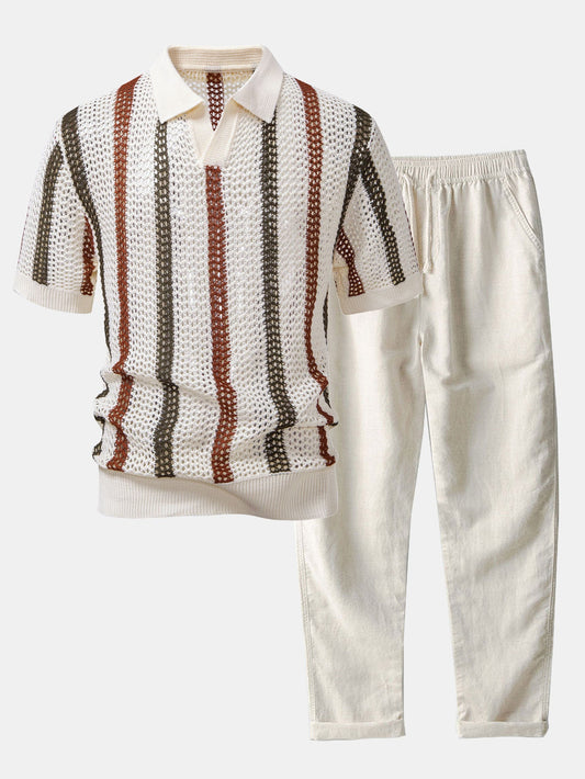 Striped Crochet V Neck Polo & Straight Leg Linen Pants