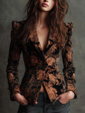 Women's Tailored Black & Bronze Floral Print Blazer