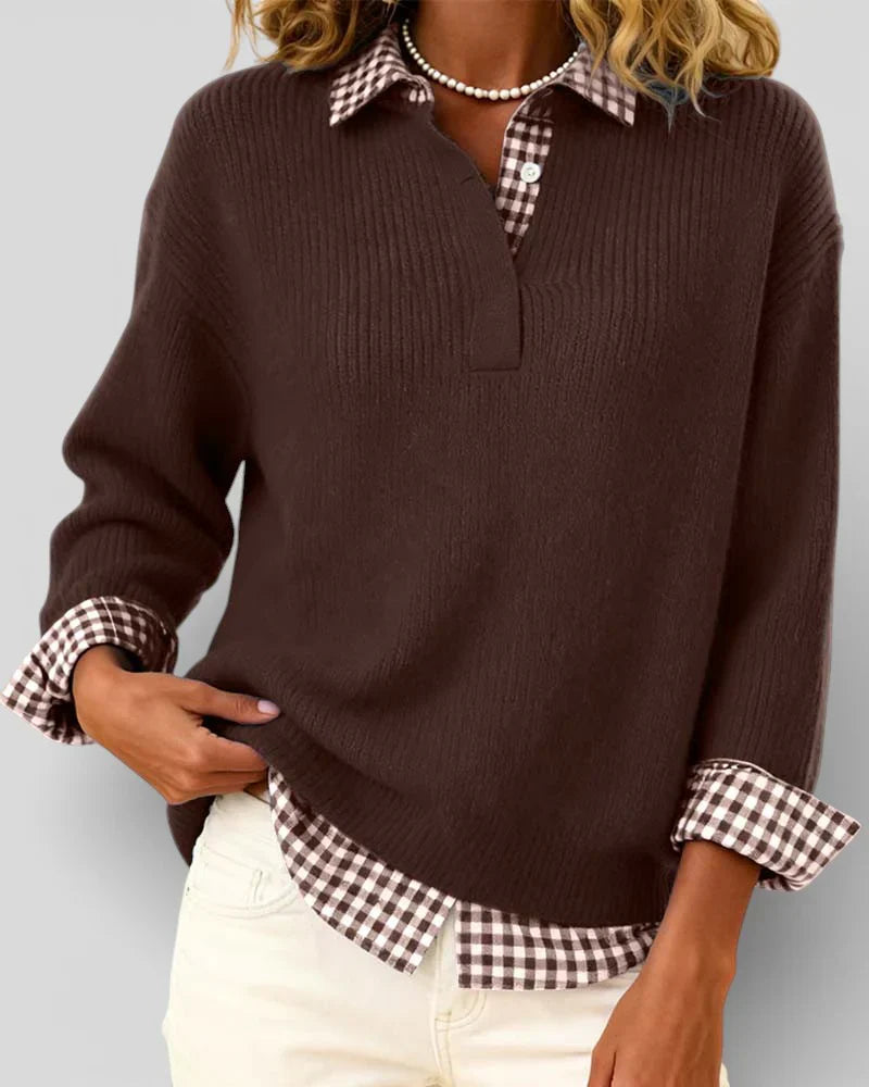Emily – Knit Sweater with Plaid Shirt Detail