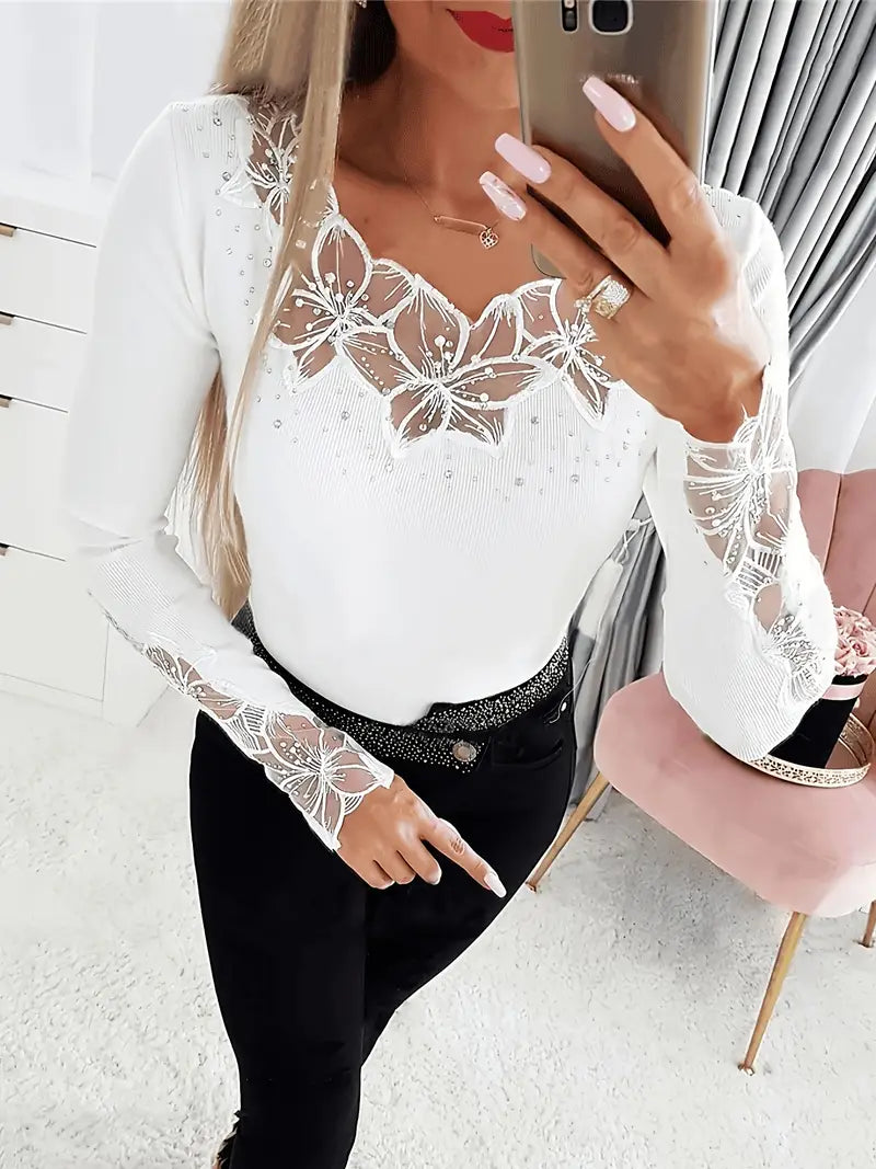 Elegant V-Neck Top with Lace Inserts