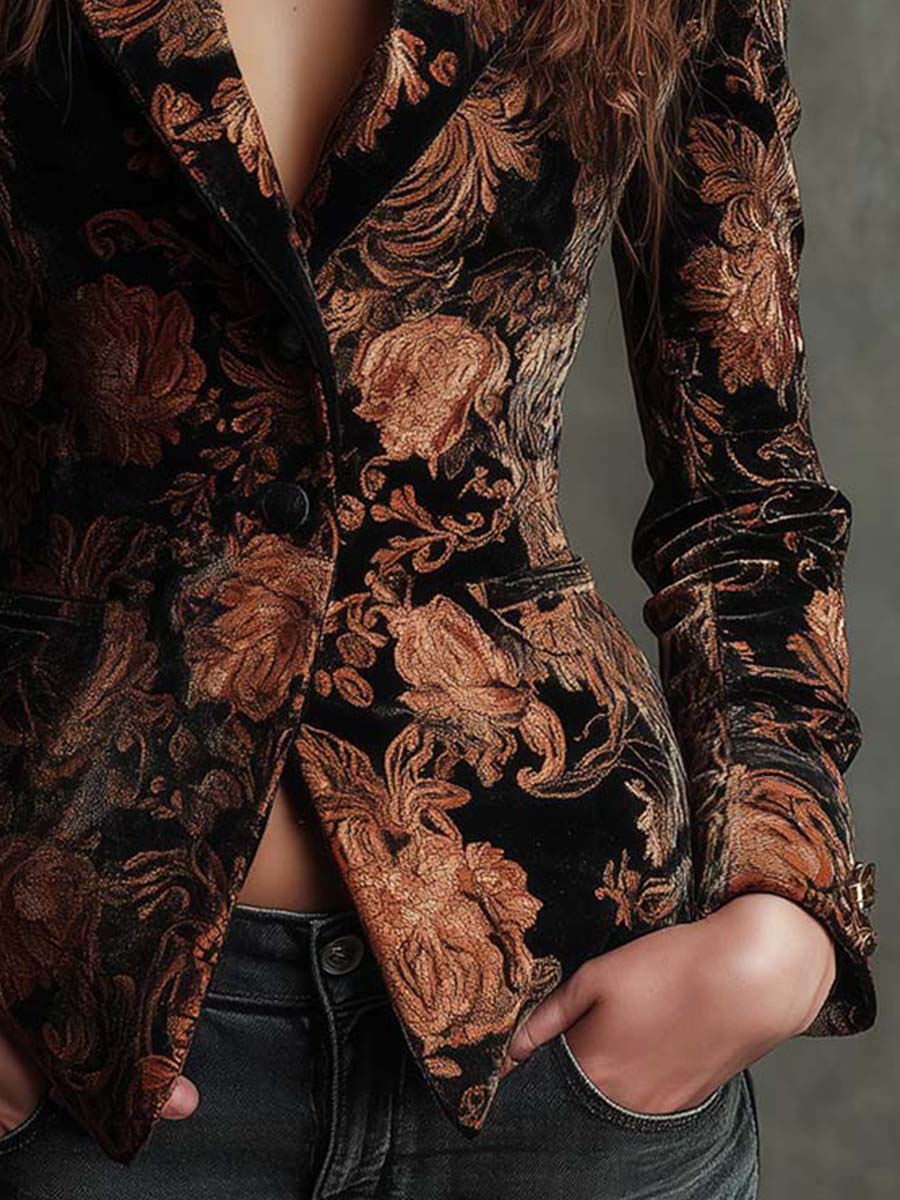 Women's Tailored Black & Bronze Floral Print Blazer