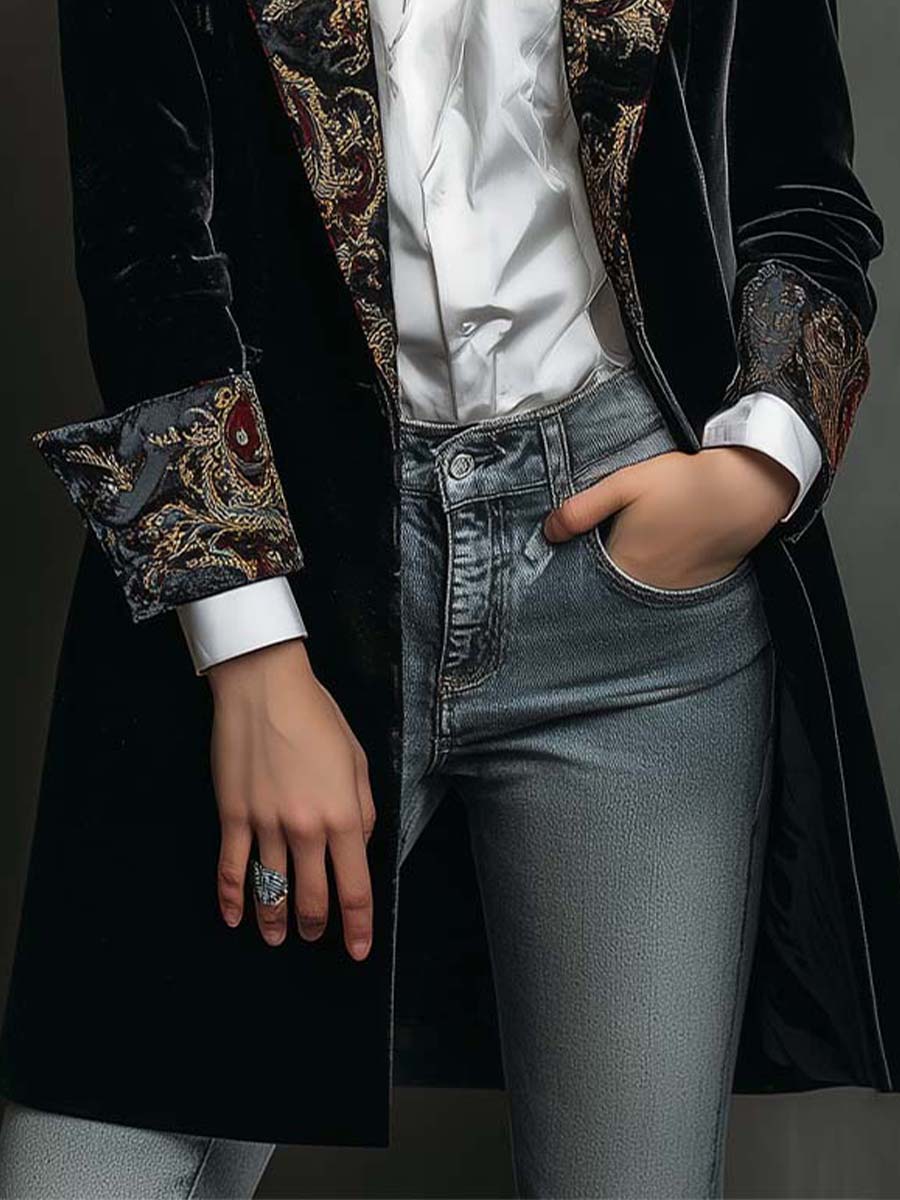 Black Slim-Fit Women's Blazer with Lapels & Baroque Print