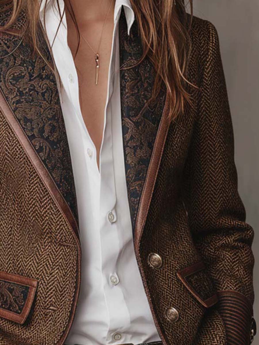 Women's Herringbone Blazer with Printed Panels
