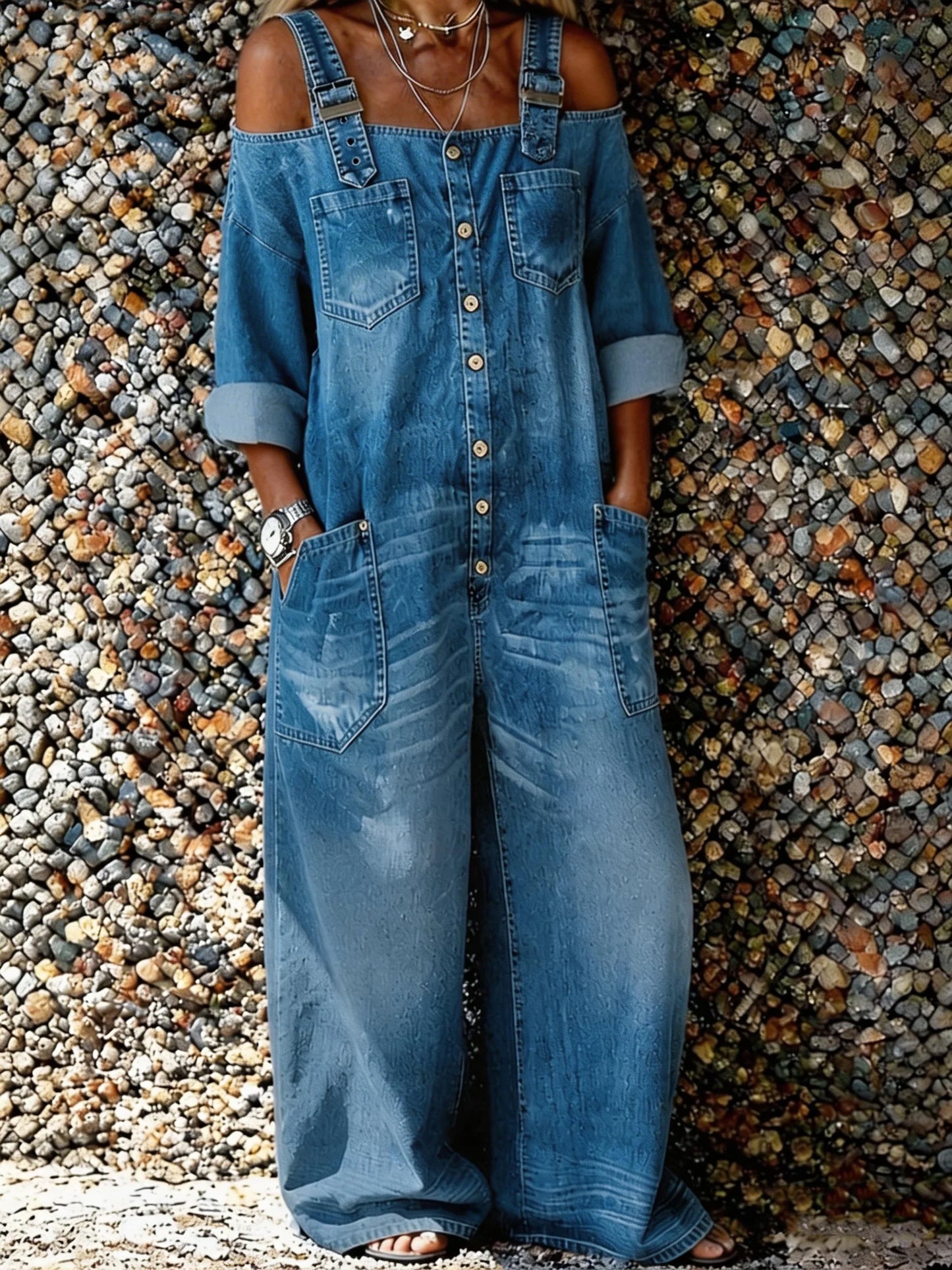 Camilla - Denim Dungaree Jumpsuit with Shoulder Straps