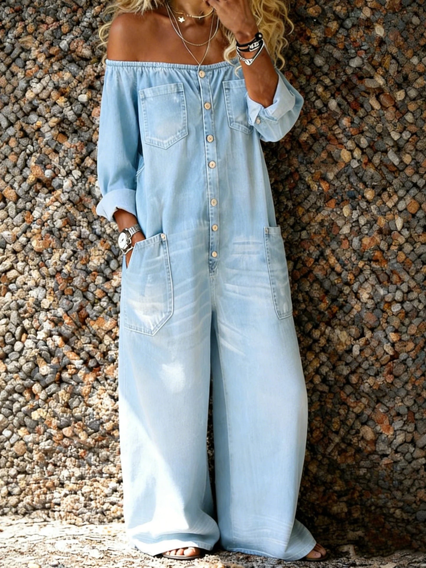 Chloe - Off-Shoulder Denim Jumpsuit