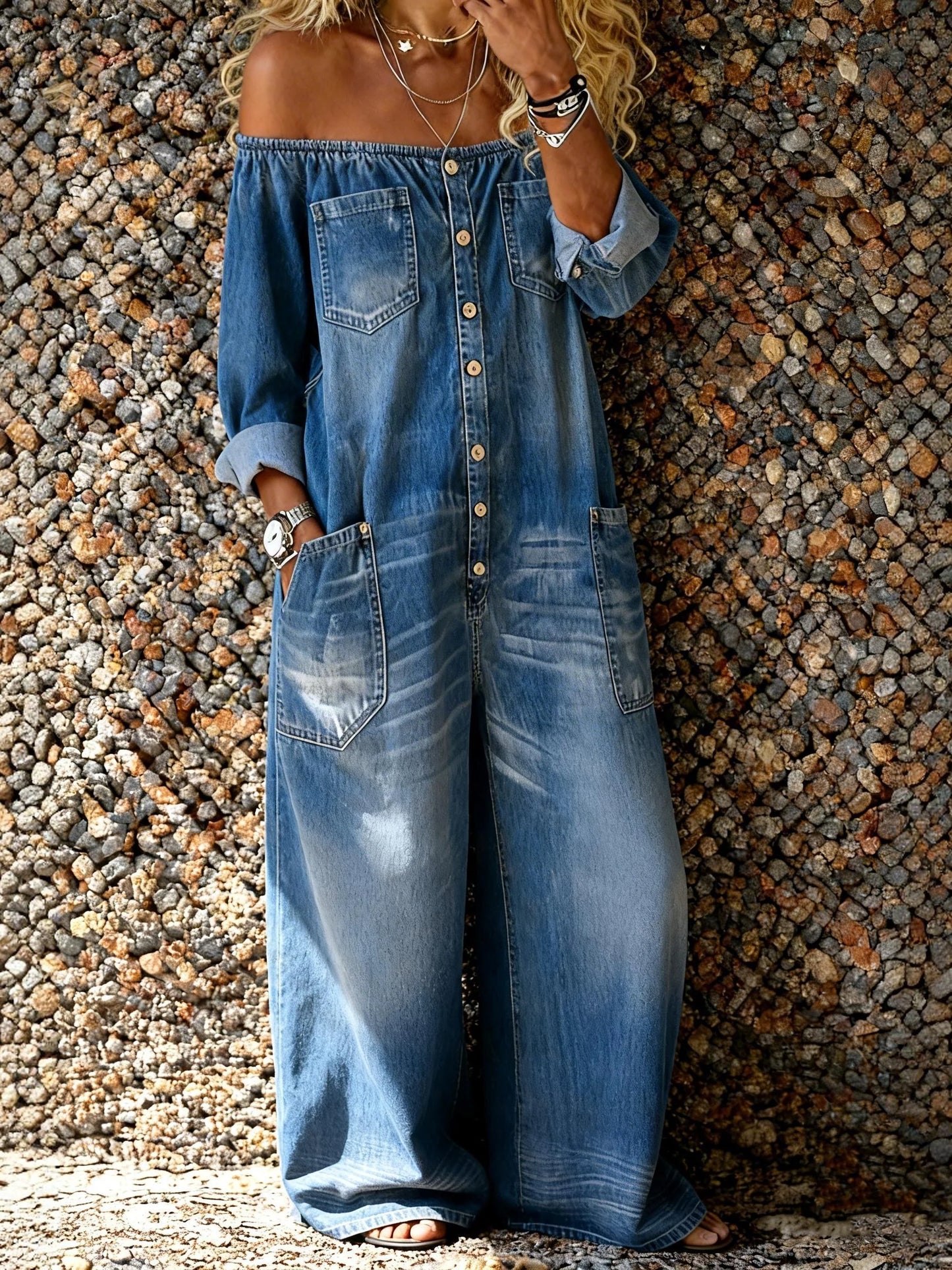 Chloe - Off-Shoulder Denim Jumpsuit