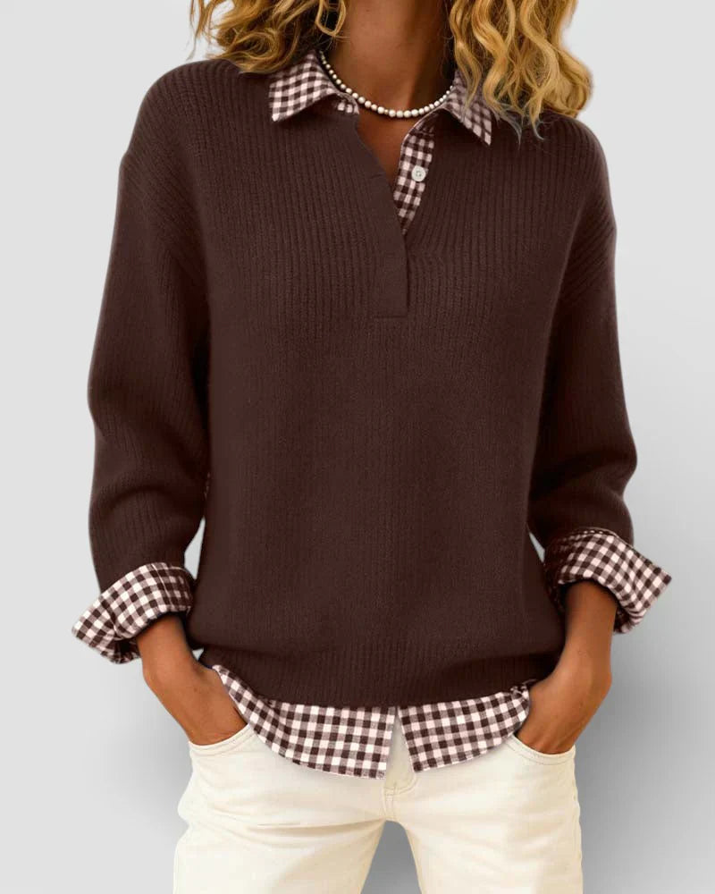 Emily – Knit Sweater with Plaid Shirt Detail