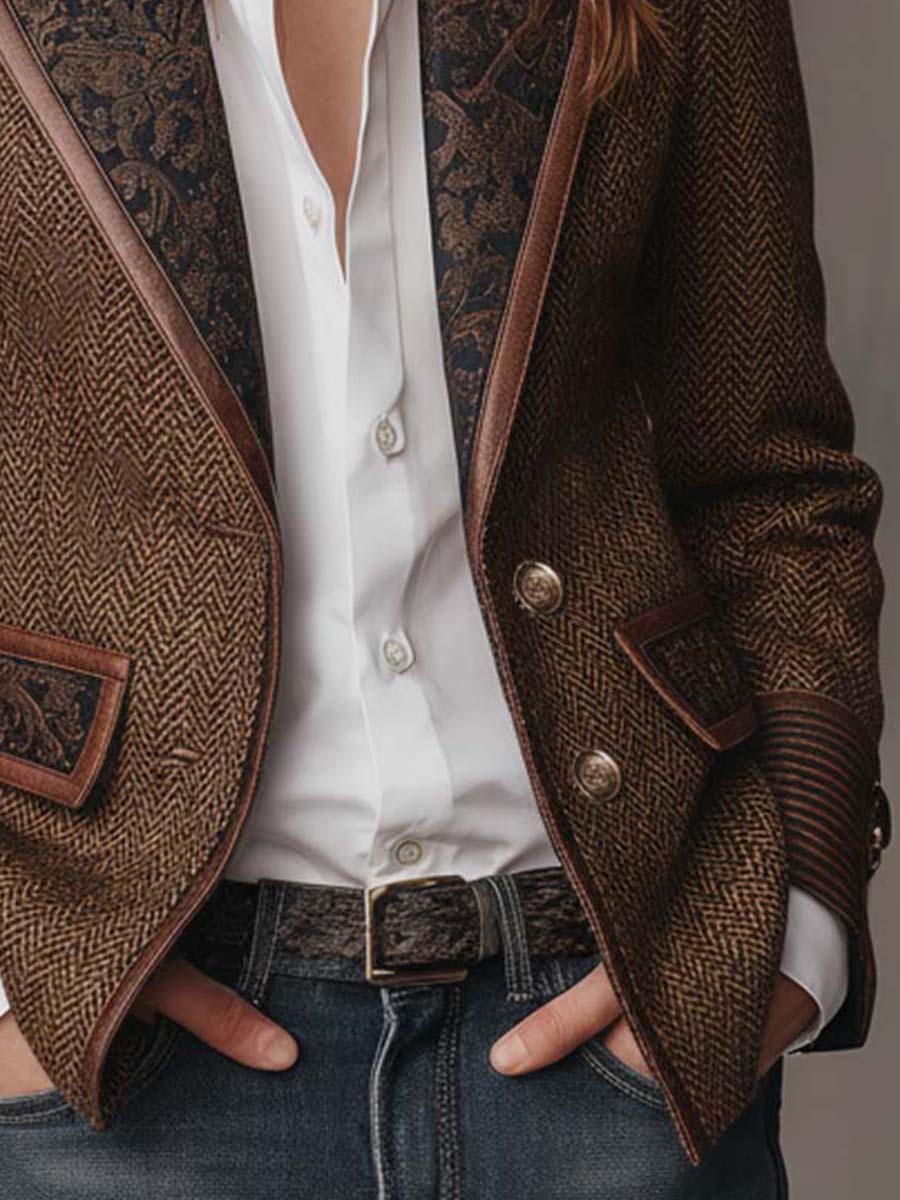 Women's Herringbone Blazer with Printed Panels
