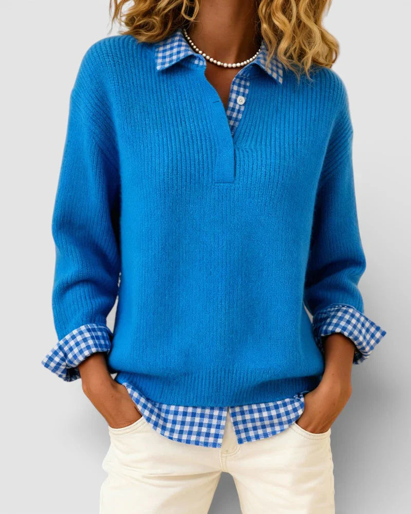 Emily – Knit Sweater with Plaid Shirt Detail