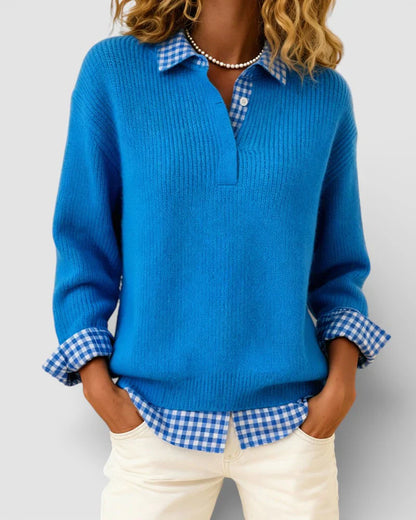 Emily – Knit Sweater with Plaid Shirt Detail