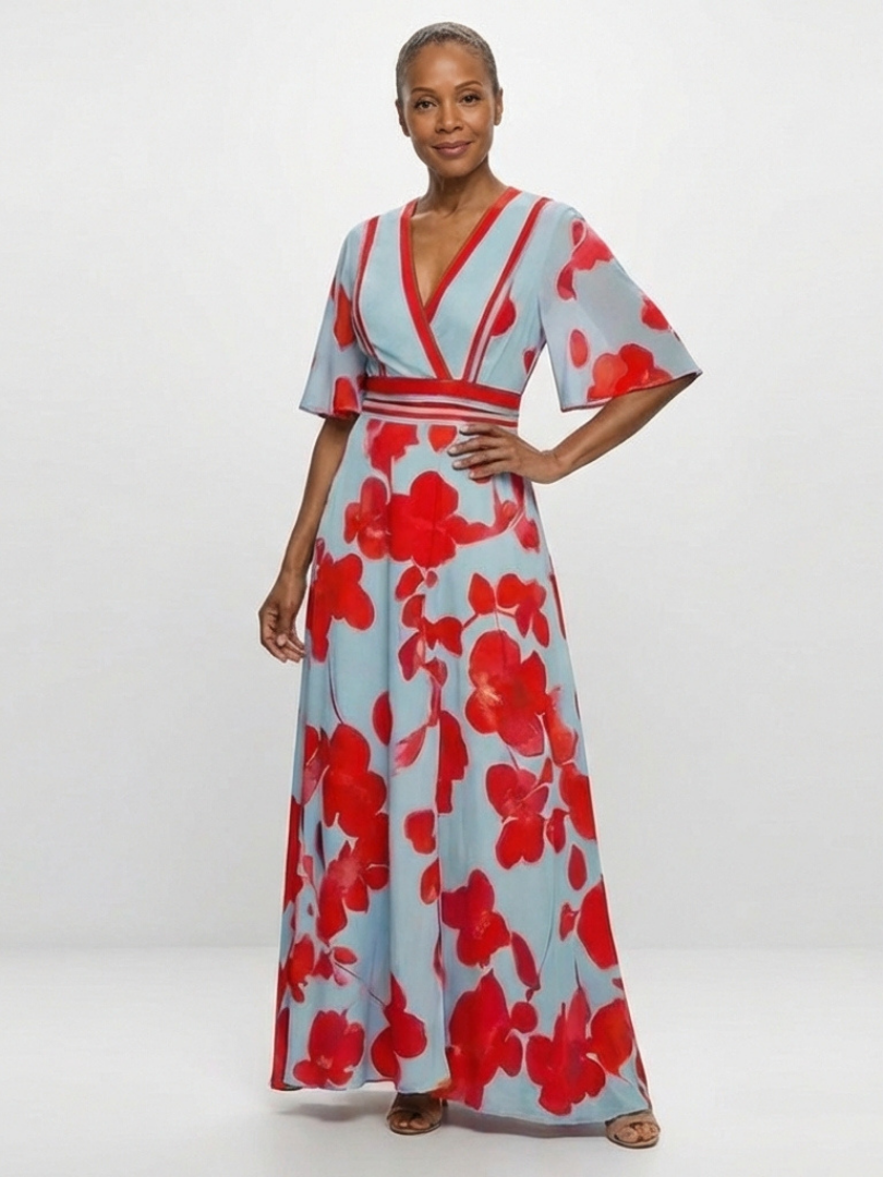 Marlyn™  | V Neck Short Sleeve Floral Maxi Dress