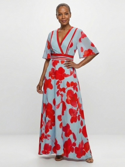 ARVELYNE™  | V Neck Short Sleeve Floral Maxi Dress