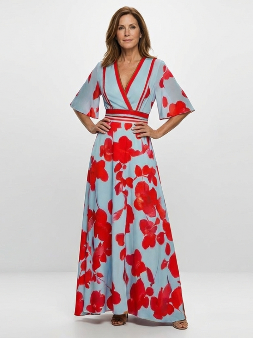 Marlyn™  | V Neck Short Sleeve Floral Maxi Dress