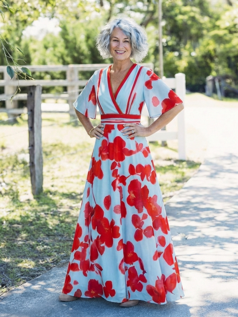 Marlyn™  | V Neck Short Sleeve Floral Maxi Dress