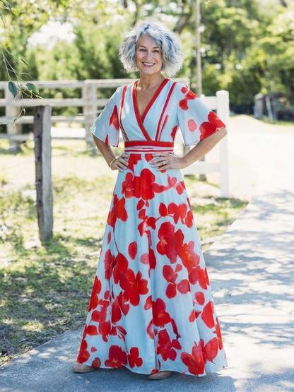 ARVELYNE™  | V Neck Short Sleeve Floral Maxi Dress