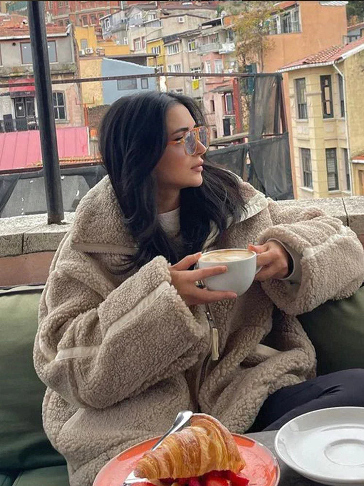 AVELINE OVERSIZED TEDDY JACKET WITH HIGH NECK