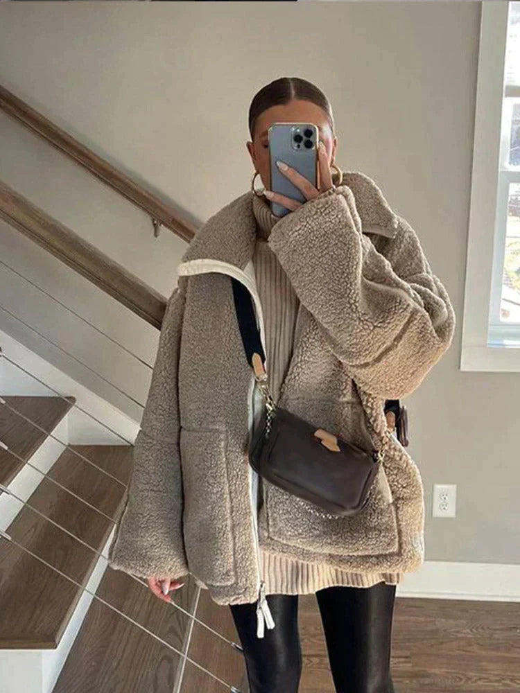AVELINE OVERSIZED TEDDY JACKET WITH HIGH NECK